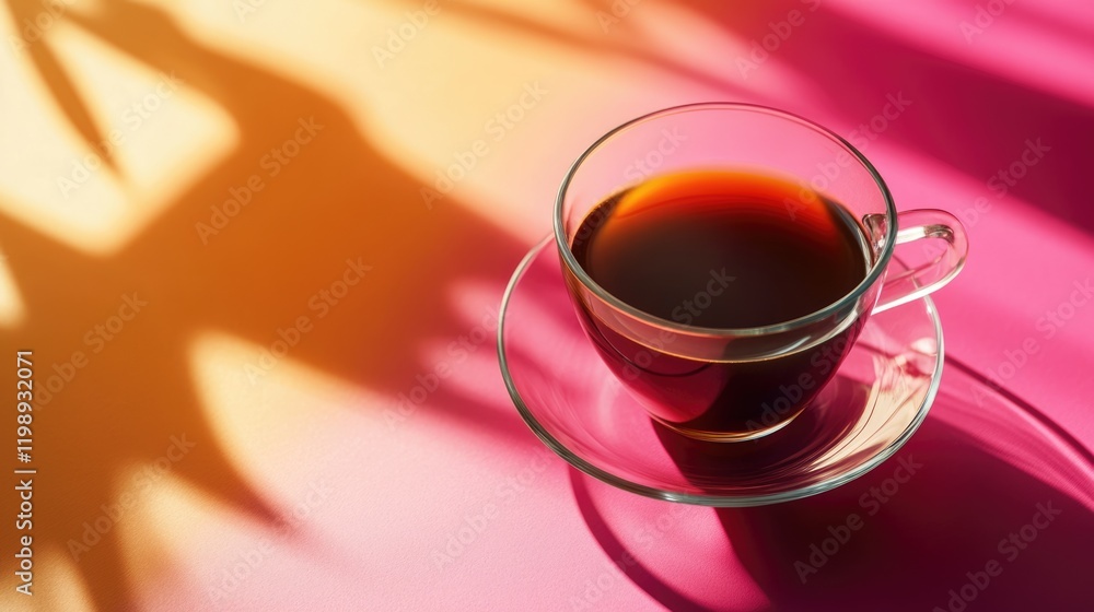 Poster coffee cup on a vibrant pink and orange background with shadow patterns and ample copy space for tex