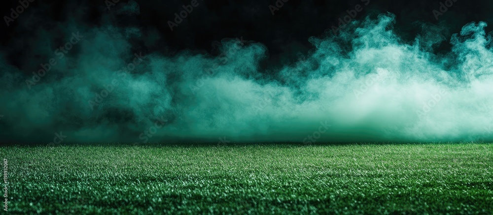 Poster green fog over a grassy field creating a mysterious atmosphere with ample copy space for text placem