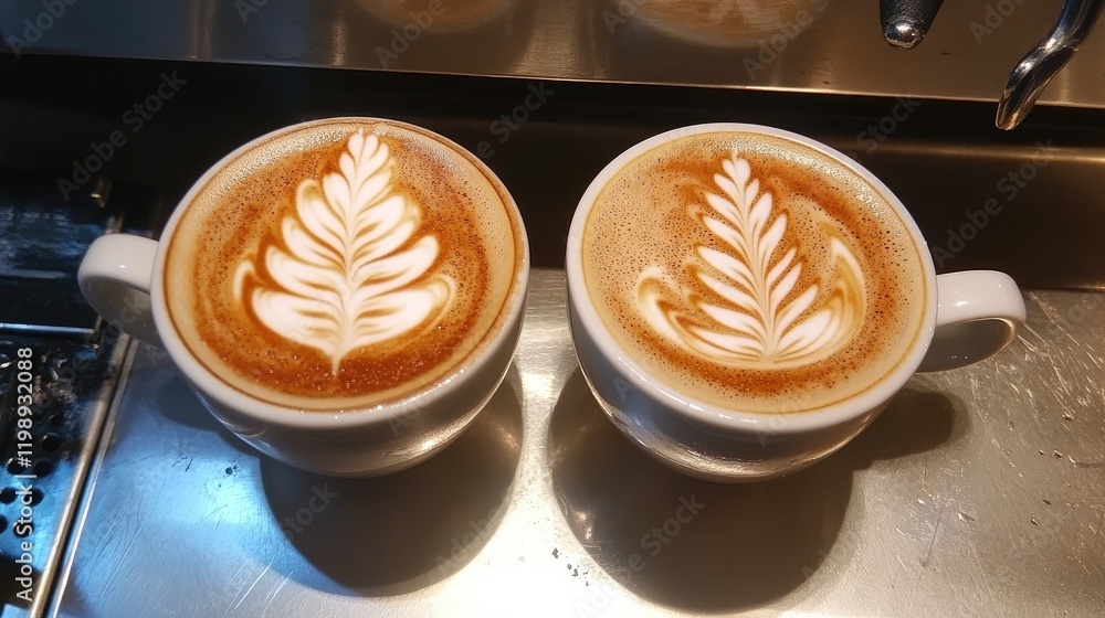 Poster two cups of coffee with latte art featuring leaf patterns on a metal surface with copy space for tex