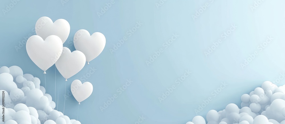 Poster heart-shaped white balloons floating among fluffy clouds on a light blue background with ample copy 