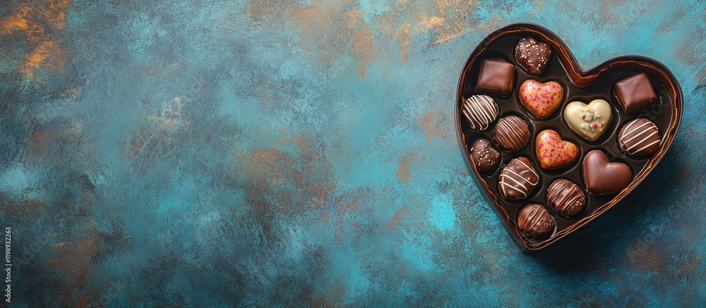 Poster heart-shaped box of assorted chocolates on textured blue and brown background with copy space for te