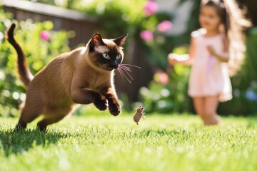Obraz premium Dynamic DSLR photo of a leaping Siamese cat and child playing outdoors
