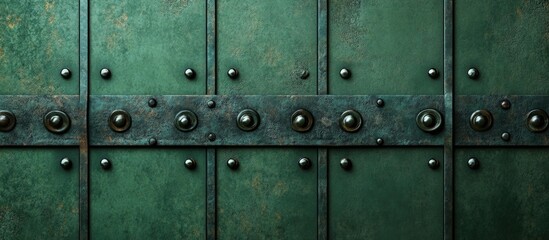 Fototapeta premium Rustic green metal door with bolts and rivets, textured surface, industrial design, Copy Space for text insertion.