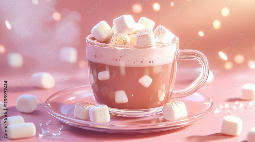 Poster cup of hot chocolate topped with marshmallows on a pink background with soft lighting and copy space