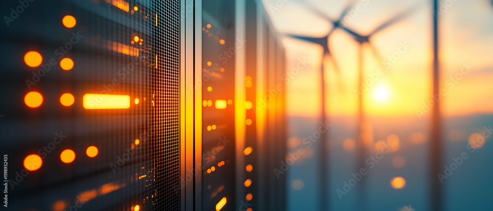 Poster a close-up view of server panels with glowing lights, set against a backdrop of wind turbines during