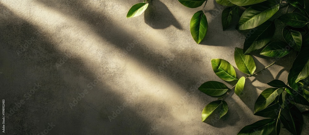 Poster green leaves casting shadows on a textured stone background with copy space for text or design eleme
