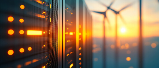 A close-up view of server panels with glowing lights, set against a backdrop of wind turbines during a vibrant sunset.