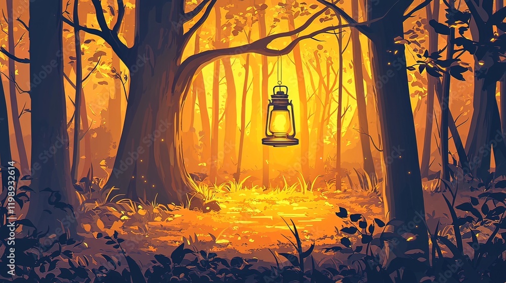 Poster golden hour light illuminates a forest path with a hanging lantern.