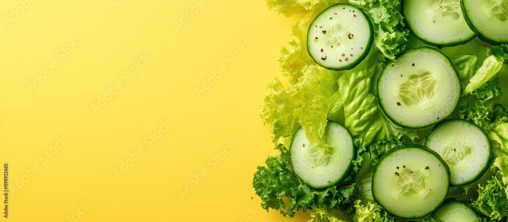 Poster fresh cucumber slices and leafy greens with bright yellow background and copy space for text