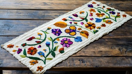 Colorful embroidered table runner with floral design on rustic wooden surface and copy space for text insertion.