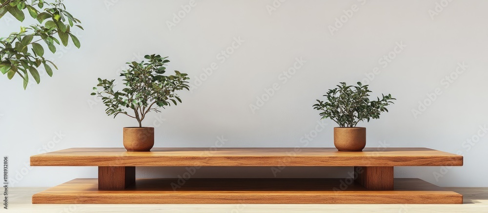Poster modern wooden coffee table with two potted plants on a minimalistic background and ample copy space 