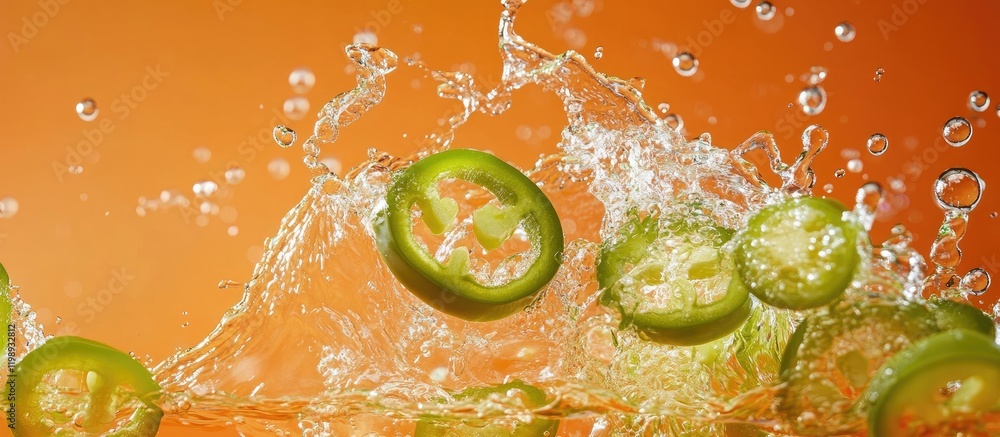 Poster fresh green cucumber slices splashing into water with vibrant orange background and copy space for t