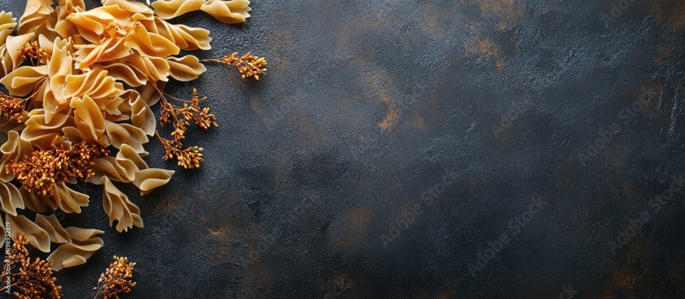 Poster dried pasta varieties including farfalle and fusilli on dark textured background with ample copy spa