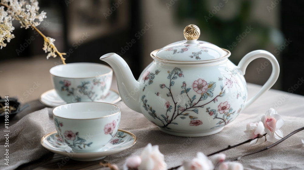 Poster porcelain teapot with floral design accompanied by matching cups and saucers on a textured table set