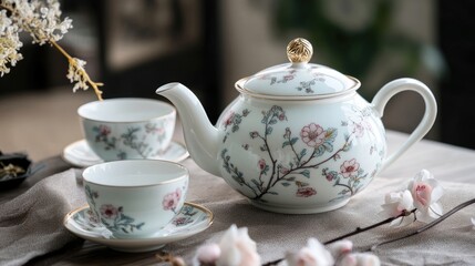 Fototapeta premium Porcelain teapot with floral design accompanied by matching cups and saucers on a textured table setting with soft natural light and copy space
