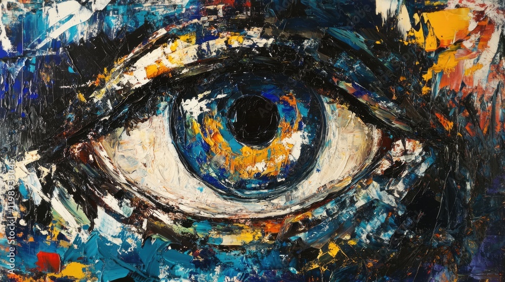 Poster close-up of a painted eye with vibrant colors and textured brush strokes on a canvas background with