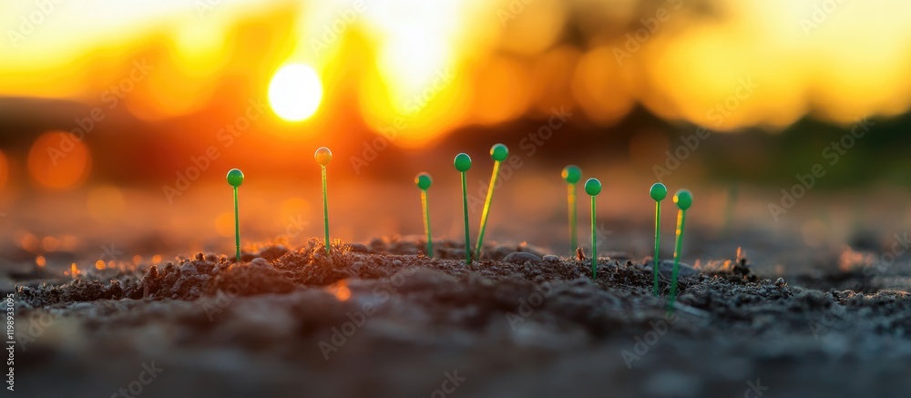 Poster green sprouts emerging from soil with a sunset background and bokeh effect copy space for text place