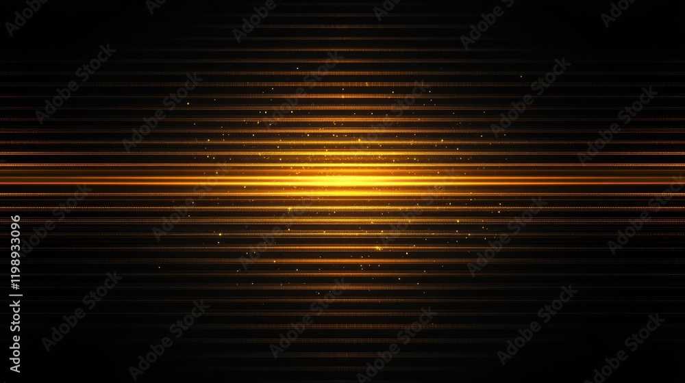 Poster golden horizontal lines with light rays on a dark background creating abstract texture and depth cop