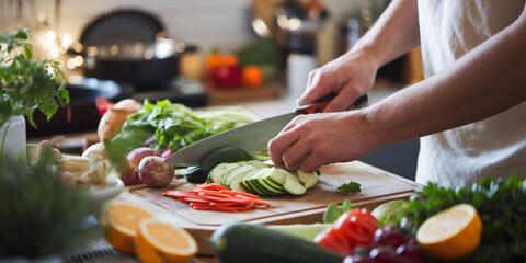 Fresh Vegetable Preparation in a Kitchen. A person is cutting a variety of fresh vegetables on a wooden cutting board in a kitchen, surrounded by other ingredients and herbs. 