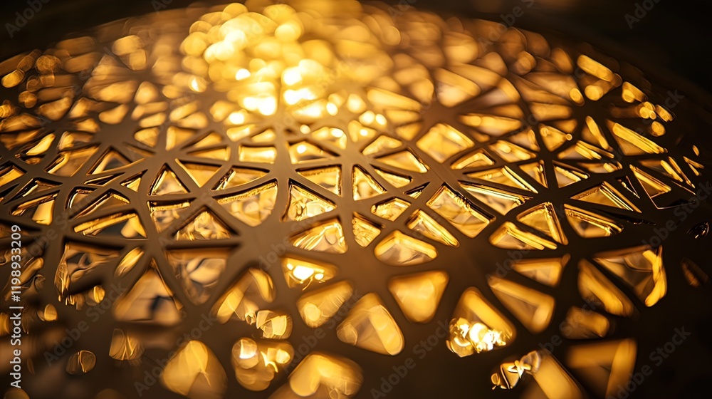 Poster illuminated intricate geometric pattern on a golden surface, creating a warm, ambient light.