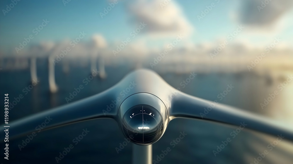 Poster a close-up view of a sleek turbine against a serene backdrop of wind turbines and clouds, highlighti