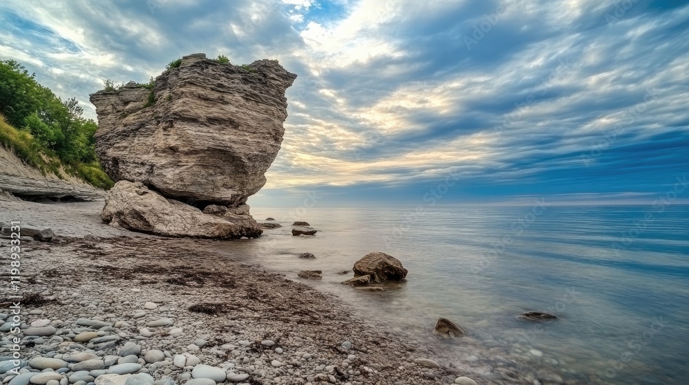 Poster rock formation on a shoreline with calm waters and cloudy sky in the background copy space