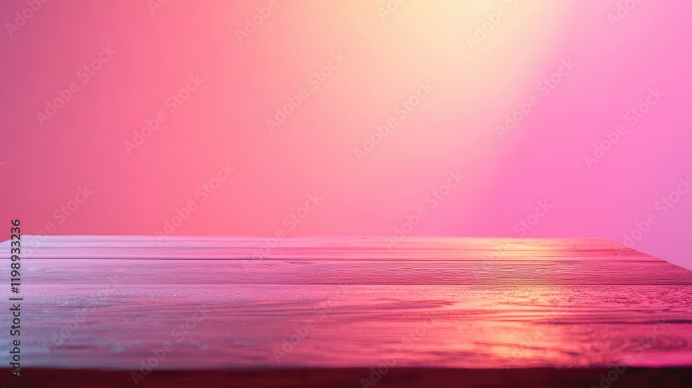 Poster wooden table surface with colorful gradient background in pink and purple hues with copy space for t