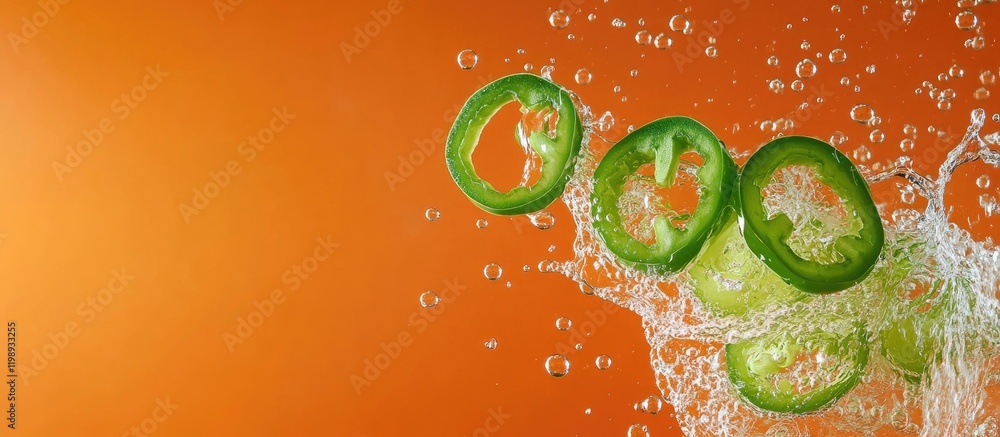 Poster sliced green jalapeno peppers splashing into clear water with orange background and copy space for t