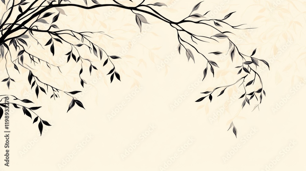 Poster black branches with leaves on a light beige background with ample copy space for text or design elem