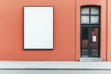 A blank billboard on a vibrant orange wall next to a dark green door, creating a striking visual contrast in urban architecture.