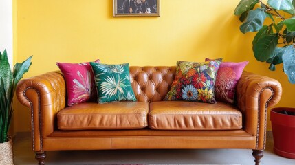 Chesterfield sofa in a stylish living room with colorful decorative pillows against a bright yellow wall Copy Space