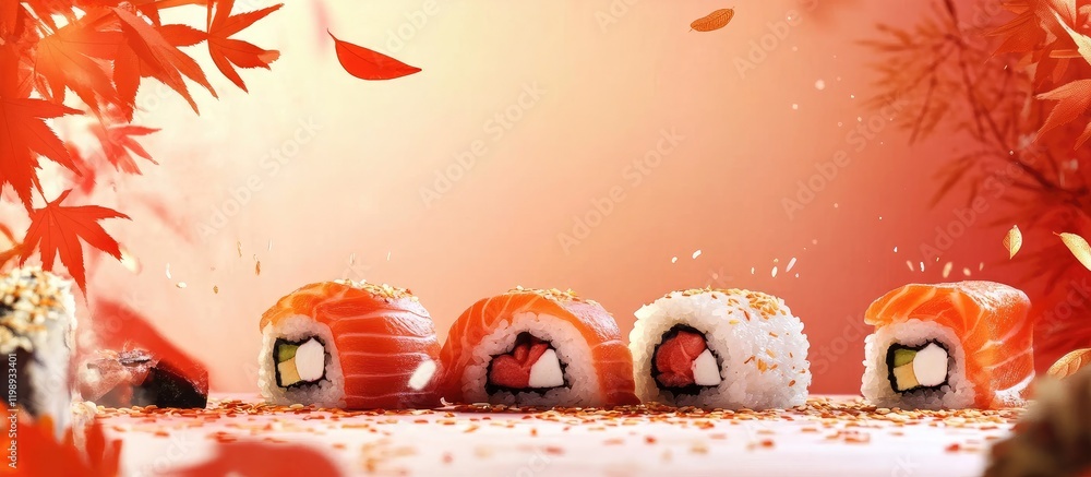 Poster sushi rolls on display with autumn leaves and a blurred warm background featuring copy space for tex