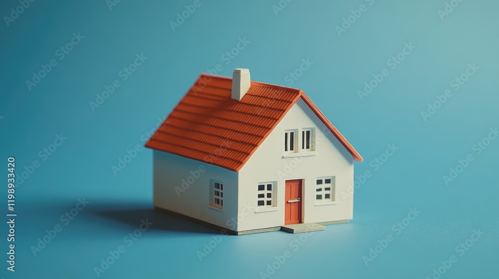 Poster miniature model of a house with a red roof on a blue background featuring copy space for text placem
