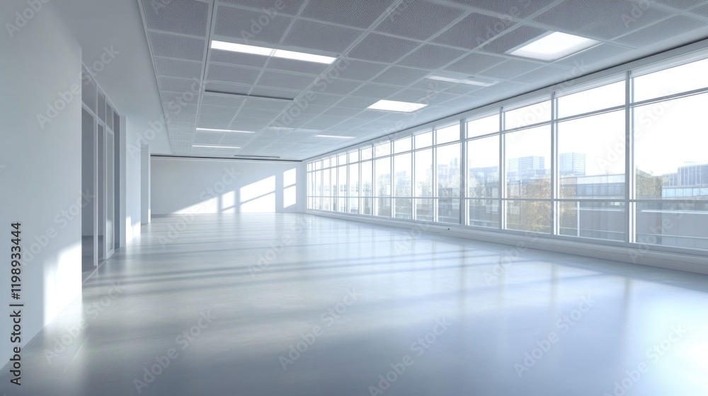 Poster modern empty office space with large windows and natural light creating an open atmosphere copy spac