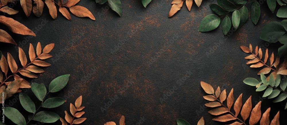 Aufkleber rustic background with dark textured surface surrounded by dry and fresh leaves copy space for text