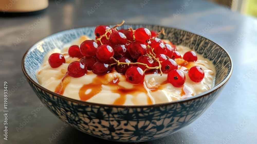 Poster bowl of yogurt topped with red currants and caramel drizzle on a textured surface copy space