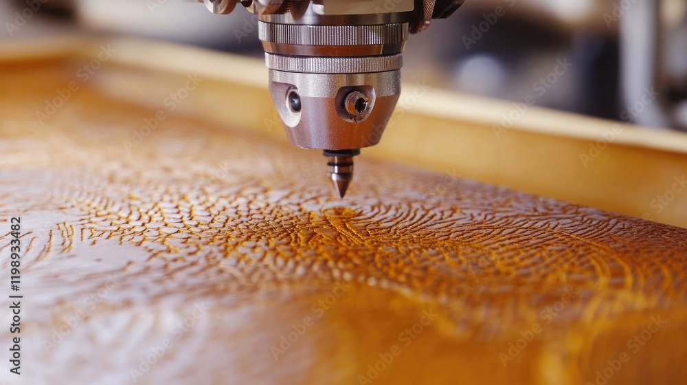 Poster laser engraving machine working on wooden surface with detailed texture pattern and visible tool hea