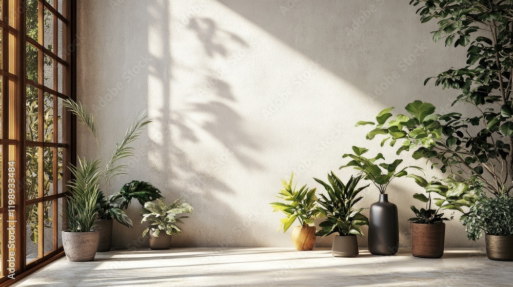 Poster indoor botanical arrangement with various potted plants on a concrete surface and natural light crea
