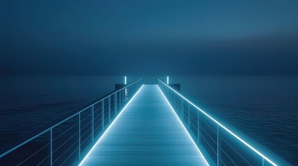 Obraz premium Illuminated pier extending into a dark, misty ocean at night.