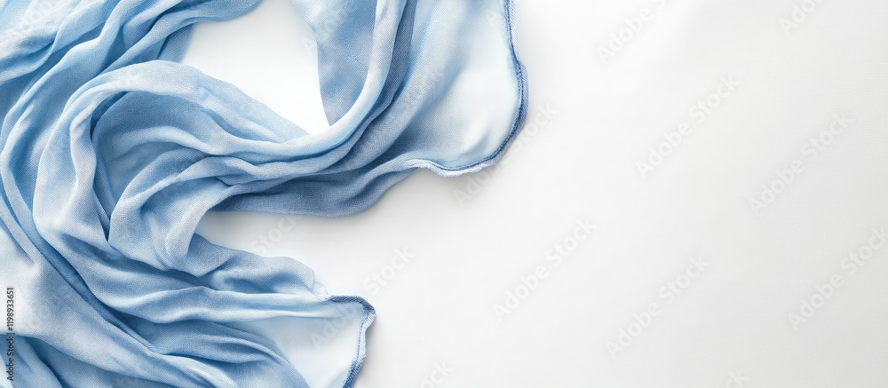 Poster light blue silk fabric draped elegantly on a plain white background with ample copy space for text p