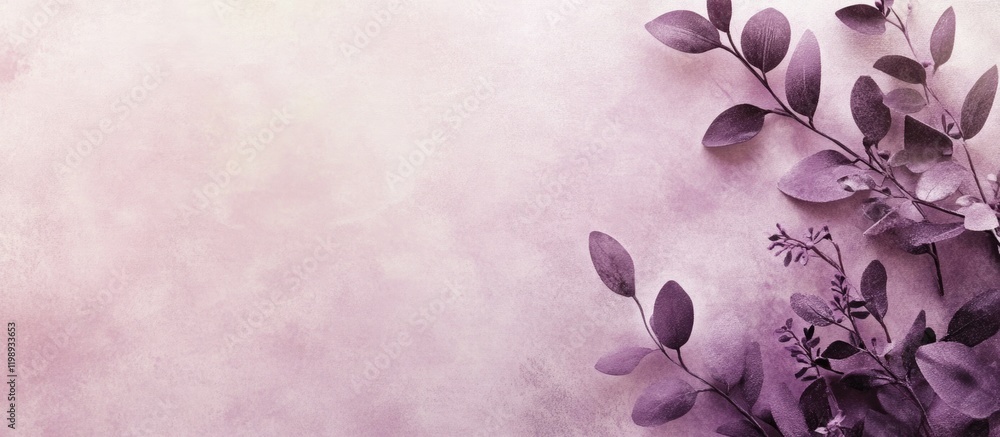 Poster purple floral background with leaves on the left side and soft texture copy space for text placement