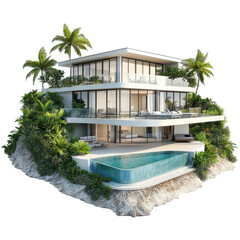 Luxurious Modern Tropical Villa with Infinity Pool Surrounded by Lush Greenery and Palm Trees