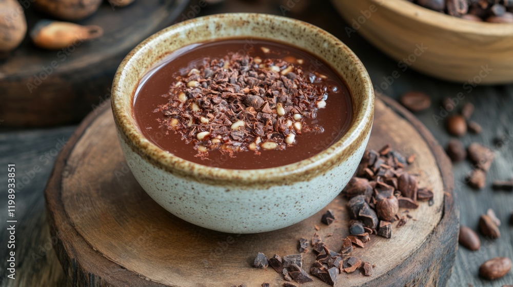 Poster bowl of chocolate drink topped with cacao nibs on a wooden surface with copy space for text
