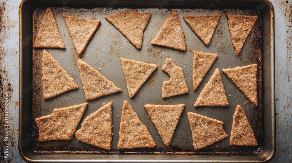 Poster baked triangular cookies arranged on a baking sheet with golden brown color and scattered crumbs sho