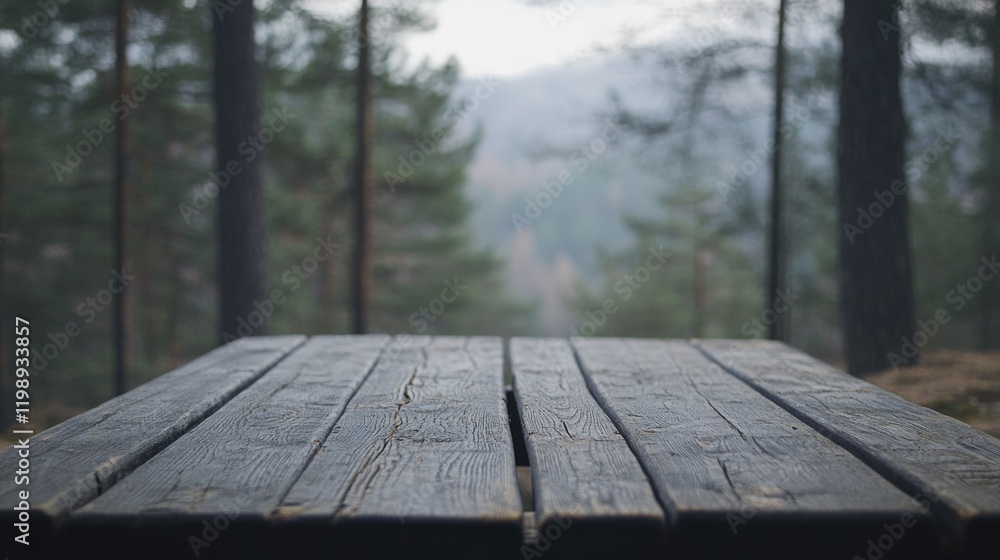Poster wooden table in forest with blurred background and copy space for text