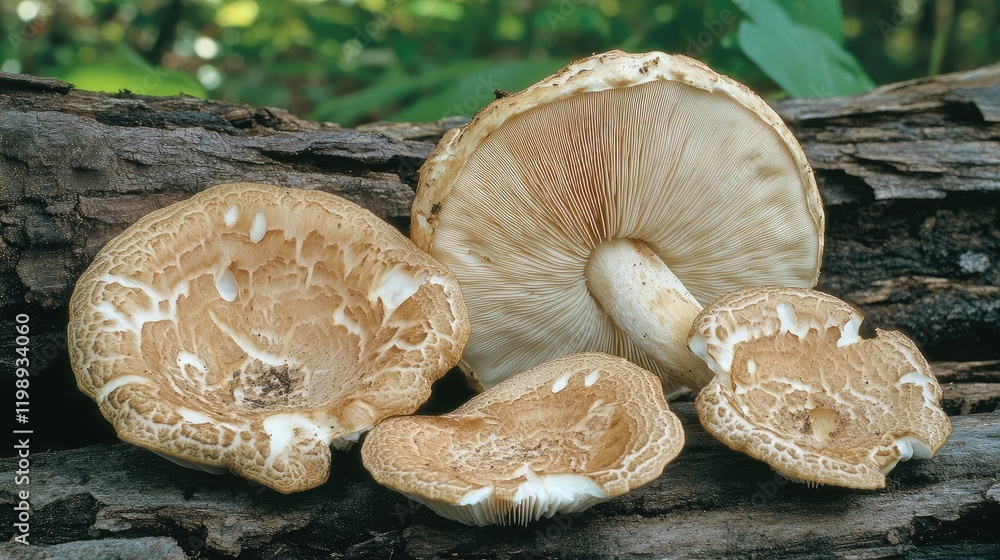 Poster mushrooms growing on a decaying log in a forest setting with copy space for text placement.