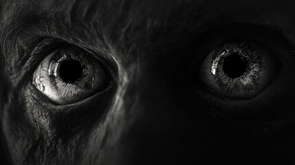 Close-up of eerie human eyes with detailed texture and deep black pupils on a dark background with Copy Space for text.