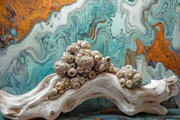 Driftwood sculpture adorned with barnacles, set against a swirling teal and orange abstract background.