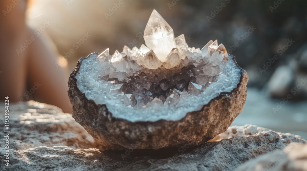 Poster geode with quartz crystals on natural stone surface with soft focus background and copy space