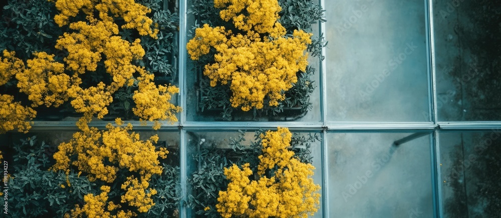 Poster yellow flowers in glass containers arranged in a geometric pattern with copy space available for tex